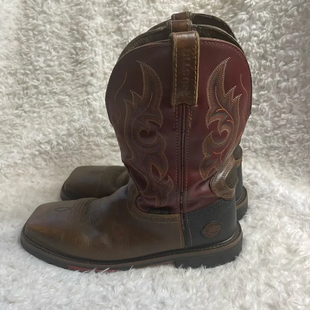 JUSTIN  leather Brown burgundy,& Black Cowboy Boots, Steel square ToeSZ9.5